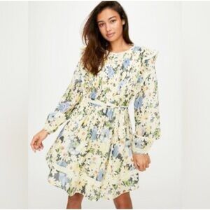 Wilfred Floral Pintuck Ruffle Dress in Blue, Cream & Green